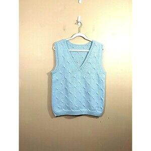Vintage Womens Hand Knit V-Neck Sweater Vest M Blue Preppy Academia Minimalist